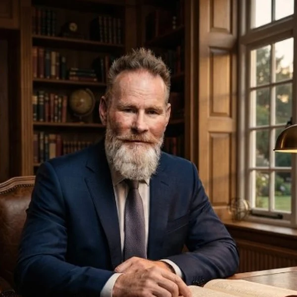 Author portrait of Frederiko Silvano Morvedre seated in his library